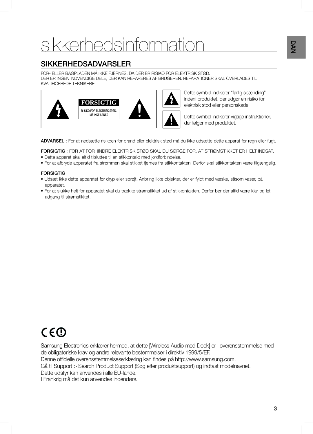 Samsung DA-E670/XE manual Sikkerhedsinformation, Sikkerhedsadvarsler, Der følger med produktet 