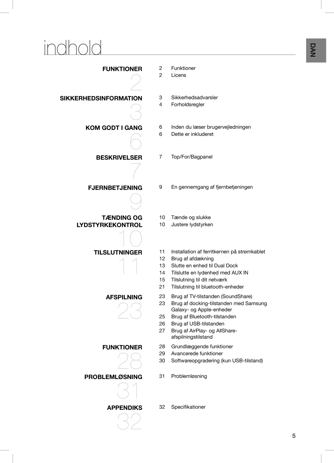 Samsung DA-E670/XE manual Indhold, Problemløsning 