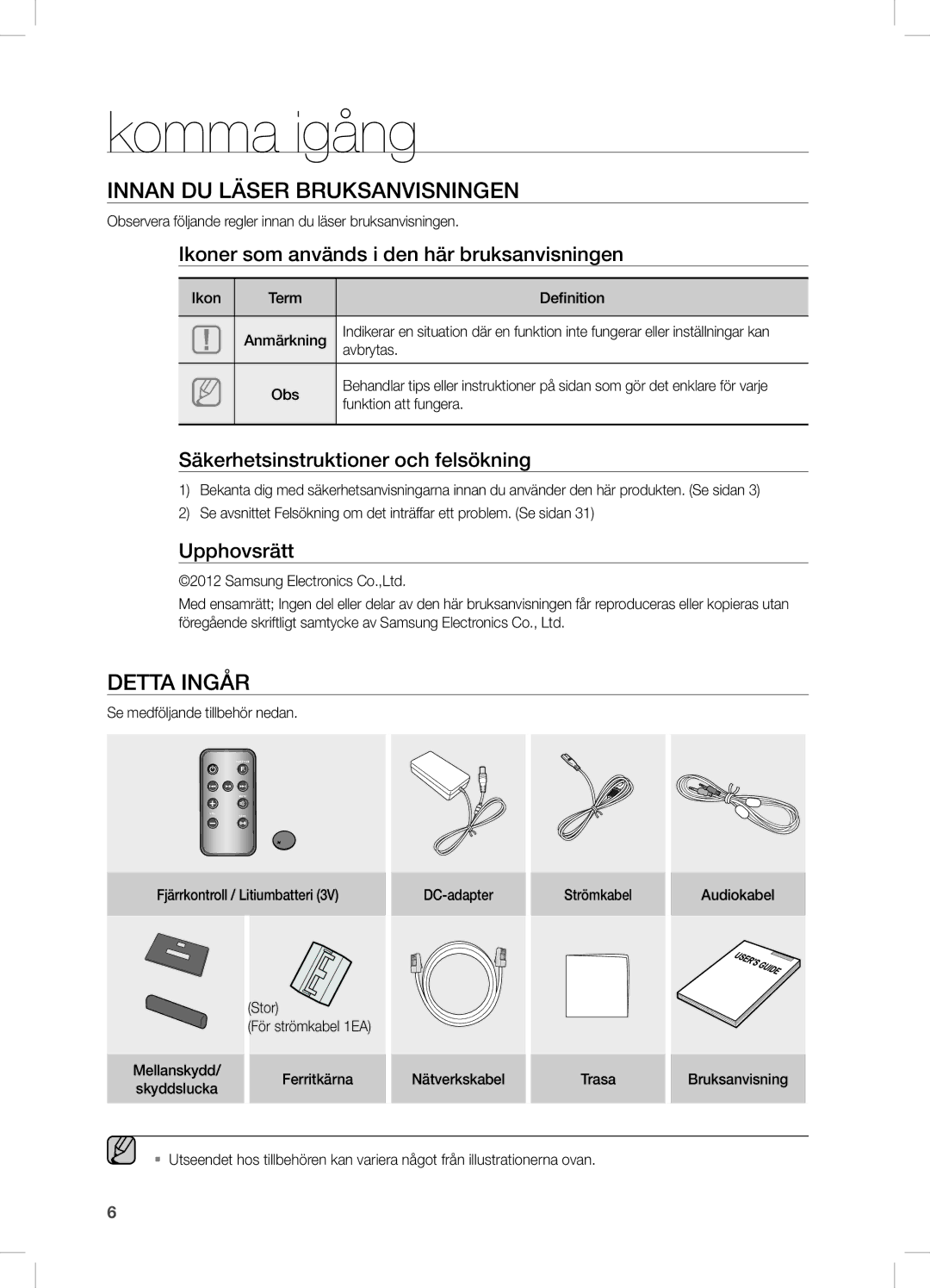 Samsung DA-E670/XE manual Komma igång, Innan du läser bruksanvisningen, Detta Ingår 