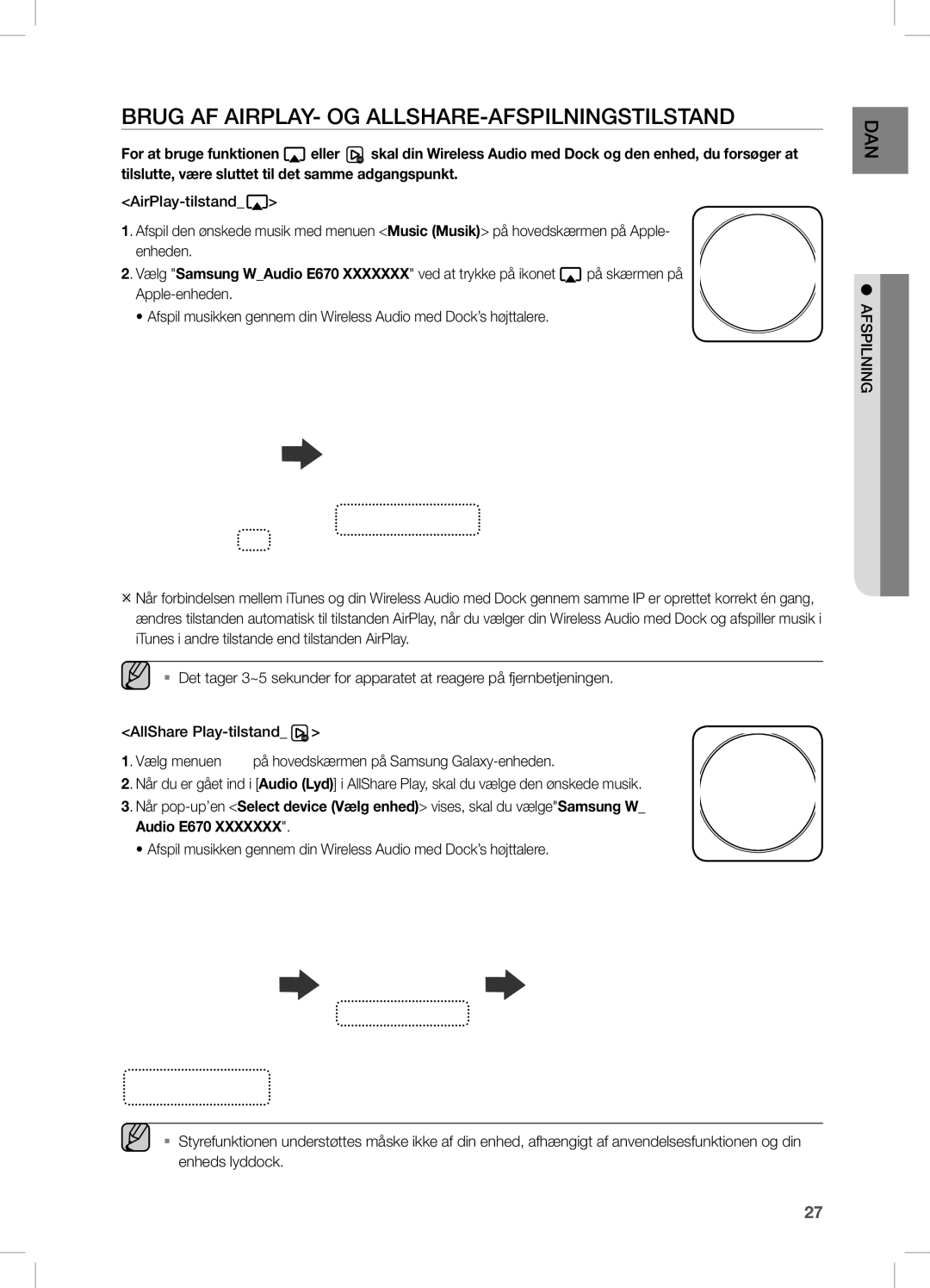 Samsung DA-E670/XE manual Brug AF AIRPLAY- OG ALLSHARE-AFSPILNINGSTILSTAND 