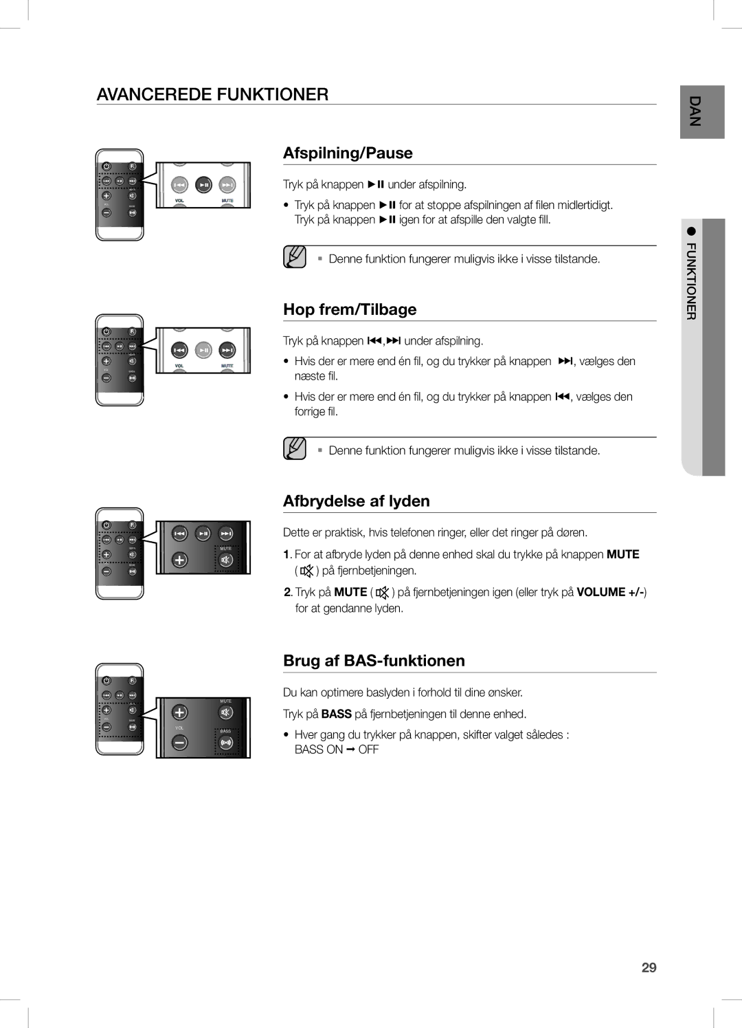 Samsung DA-E670/XE Avancerede Funktioner, Afspilning/Pause, Hop frem/Tilbage, Afbrydelse af lyden, Brug af BAS-funktionen 