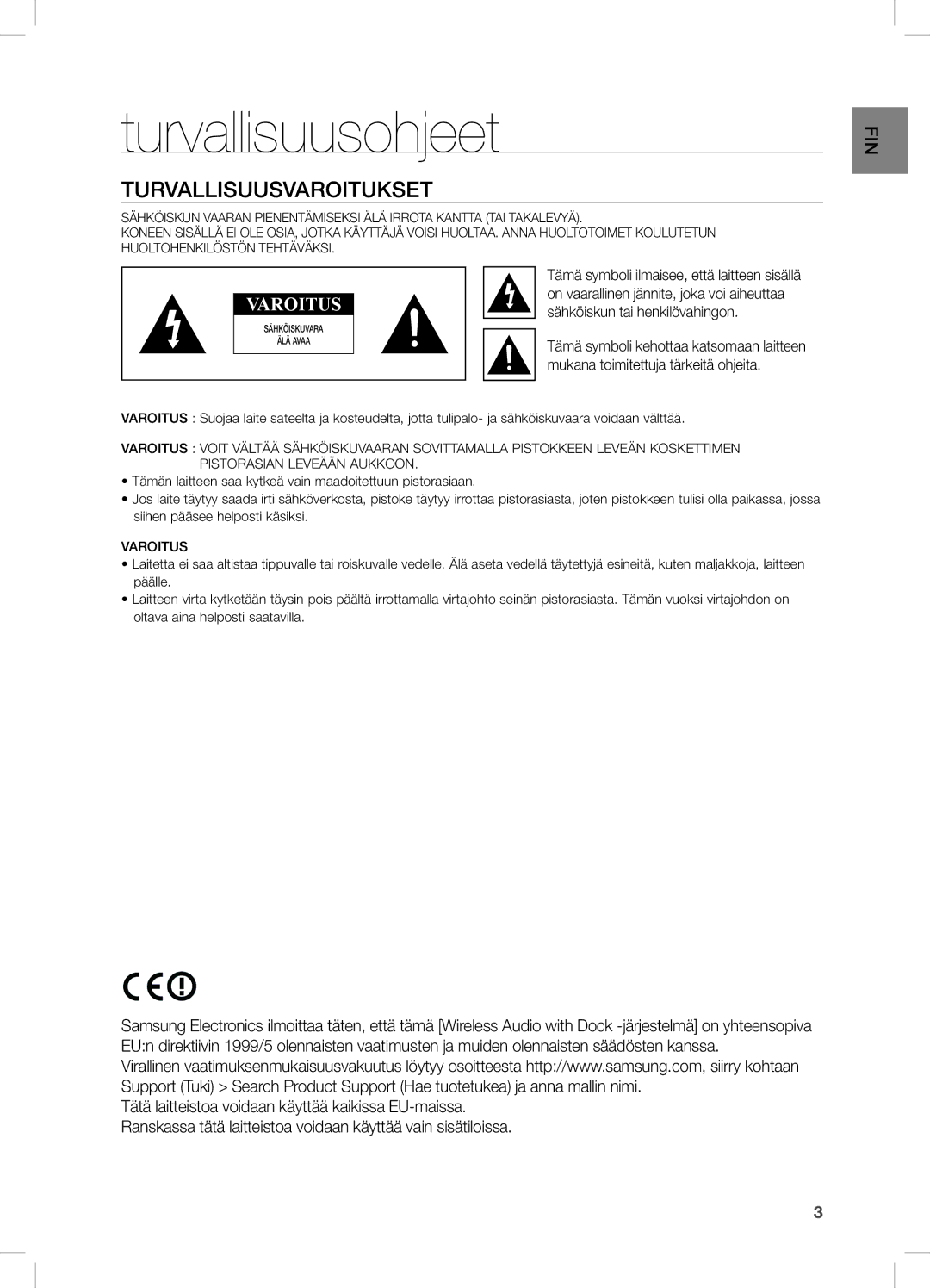 Samsung DA-E670/XE manual Turvallisuusohjeet, Turvallisuusvaroitukset, Mukana toimitettuja tärkeitä ohjeita 