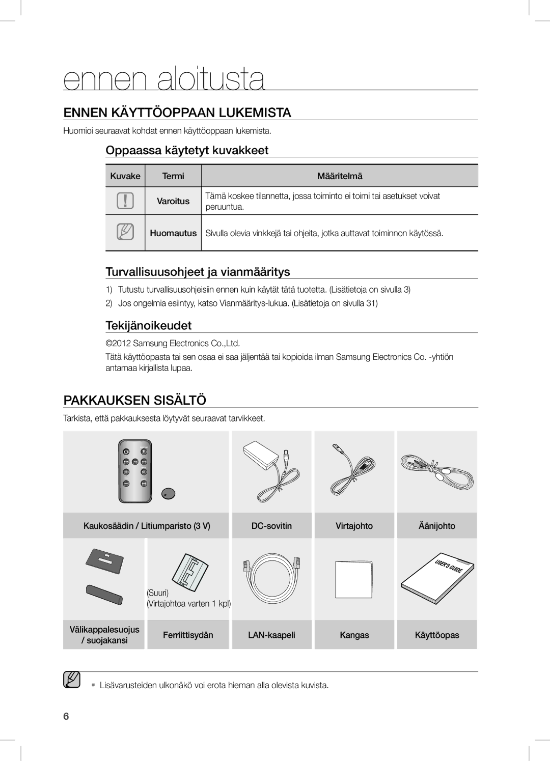 Samsung DA-E670/XE manual Ennen aloitusta, Ennen käyttöoppaan lukemista, Pakkauksen Sisältö 