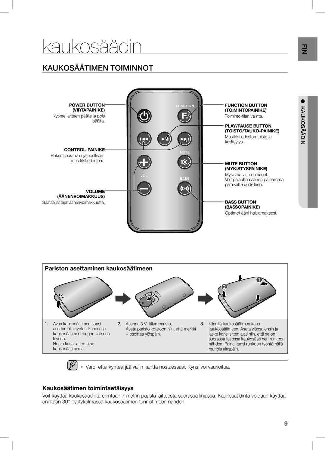 Samsung DA-E670/XE manual Kaukosäädin, Kaukosäätimen Toiminnot, Pariston asettaminen kaukosäätimeen 