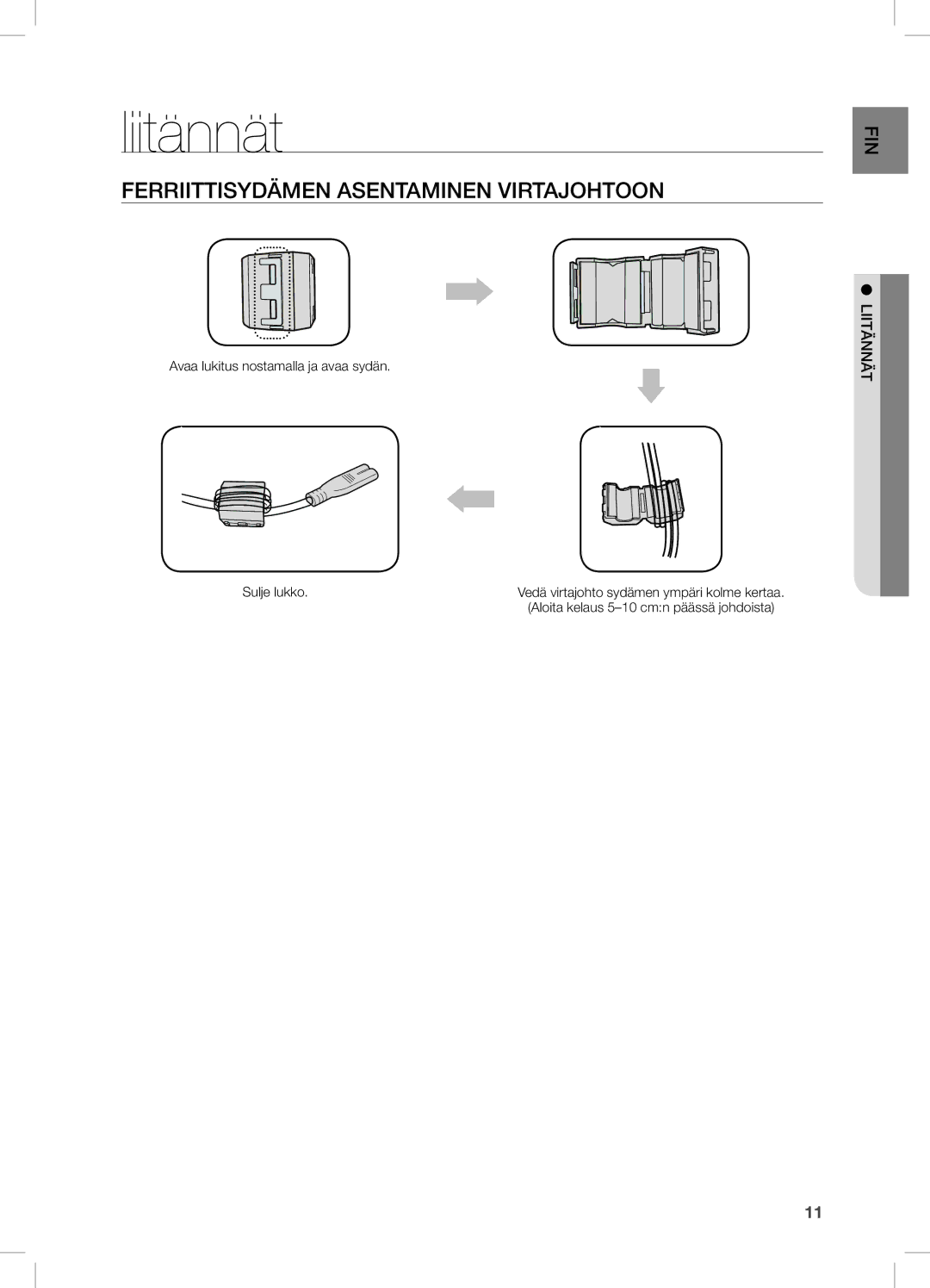 Samsung DA-E670/XE manual Liitännät, FeRRiiTTisyDÄmen AsenTAminen ViRTAJOHTOOn, LiiTÄnnÄT 