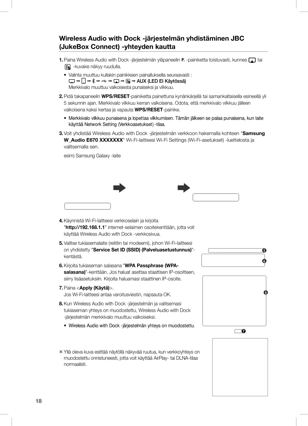 Samsung DA-E670/XE manual Paina Apply Käytä, Jos Wi-Fi-laitteesi antaa varoitusviestin, napsauta OK 