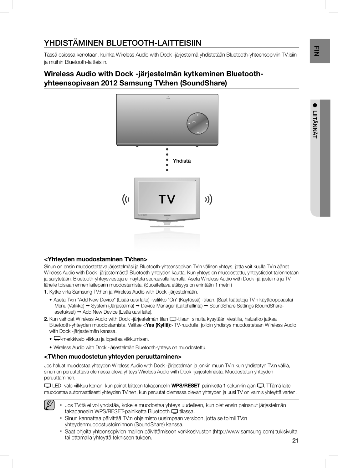 Samsung DA-E670/XE manual Yhdistäminen BLUETOOTH-LAITTEISIIN, Yhteyden muodostaminen TVhen 