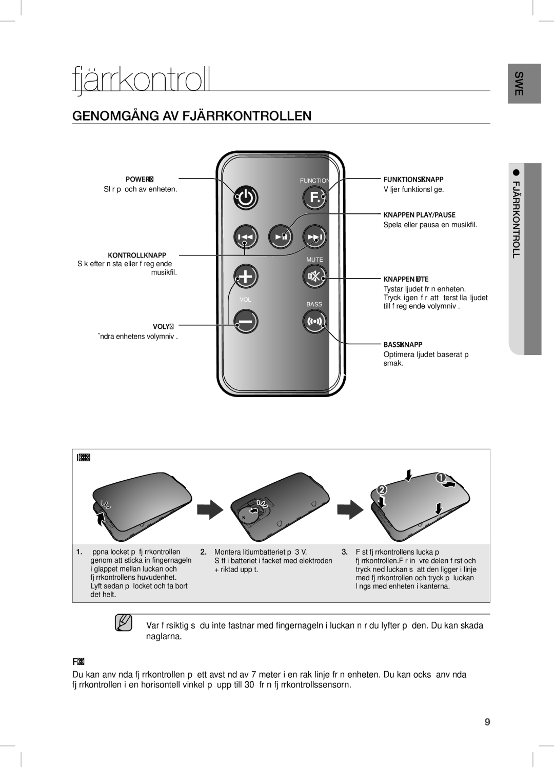 Samsung DA-E670/XE manual Genomgång AV Fjärrkontrollen, Installera batteriet i fjärrkontrollen, SWE ntroll jfärrko 