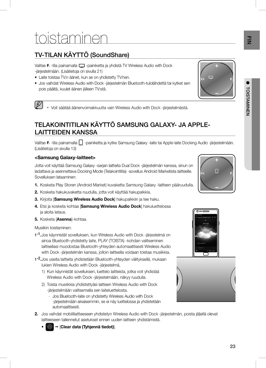 Samsung DA-E670/XE manual Toistaminen, TV-TILAN Käyttö SoundShare, Telakointitilan Käyttö Samsung GALAXY- JA Apple 