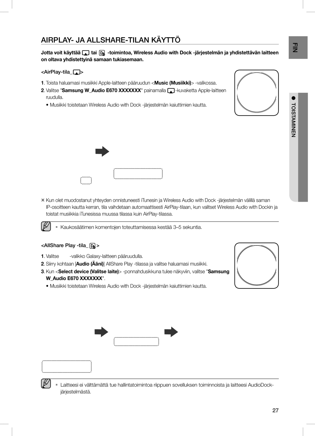 Samsung DA-E670/XE manual AIRPLAY- JA ALLSHARE-TILAN Käyttö 