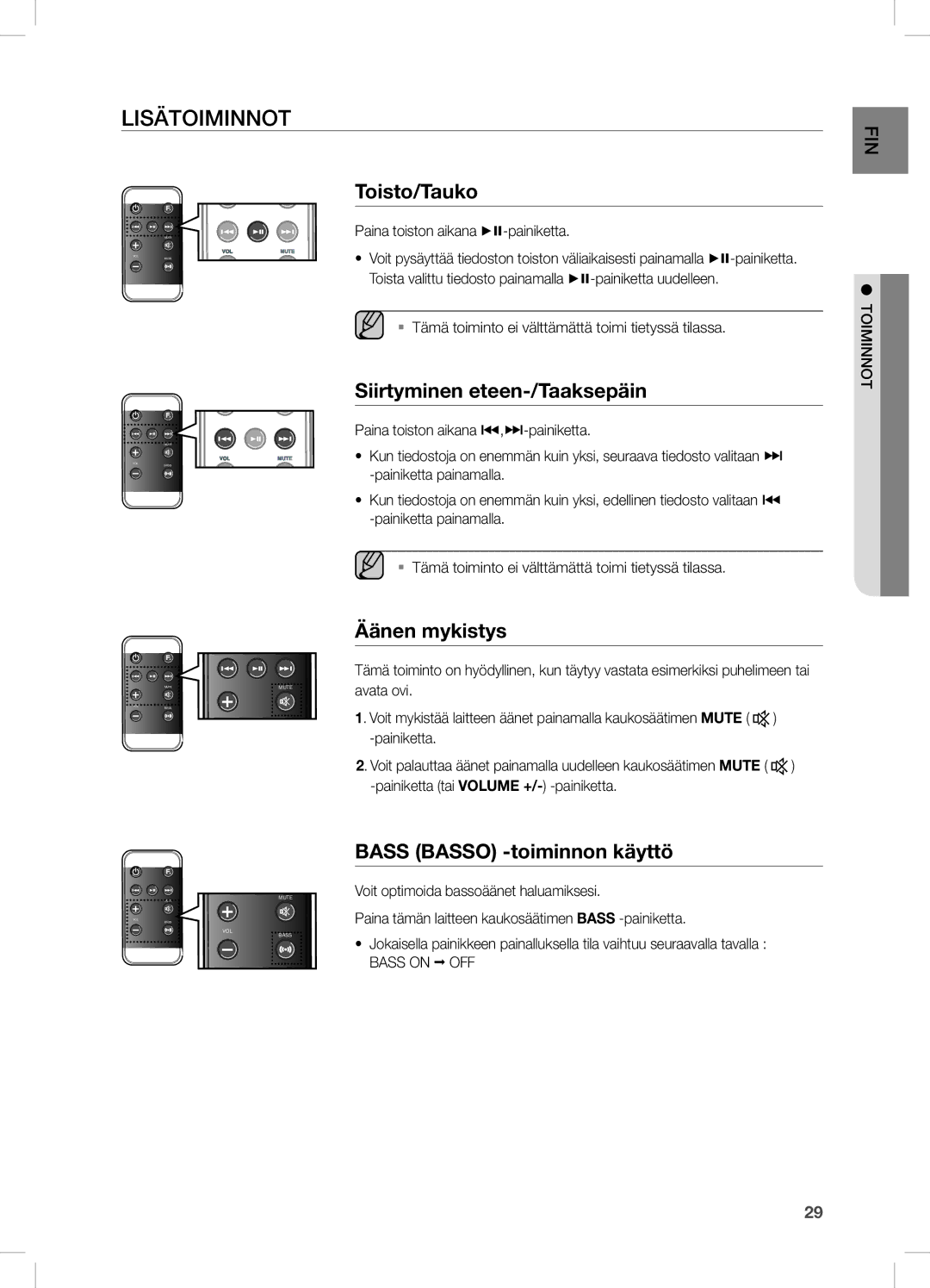 Samsung DA-E670/XE manual Lisätoiminnot, Toisto/Tauko, Siirtyminen eteen-/Taaksepäin, Äänen mykistys 