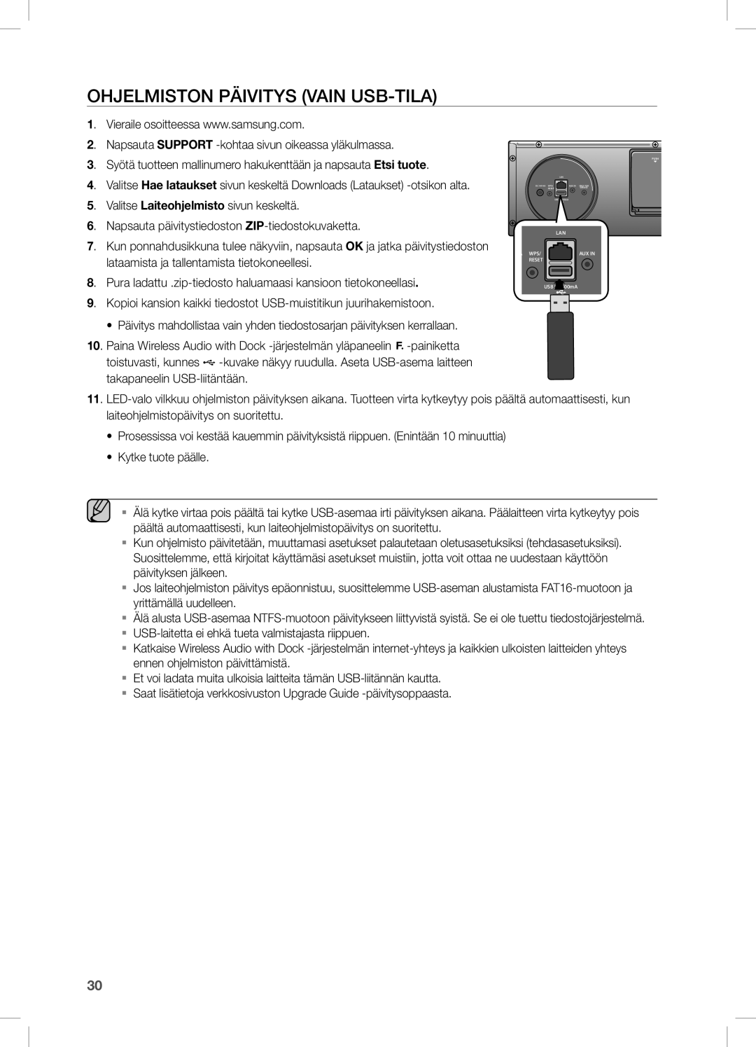 Samsung DA-E670/XE manual Ohjelmiston Päivitys vain USB-tila, Valitse Laiteohjelmisto sivun keskeltä 