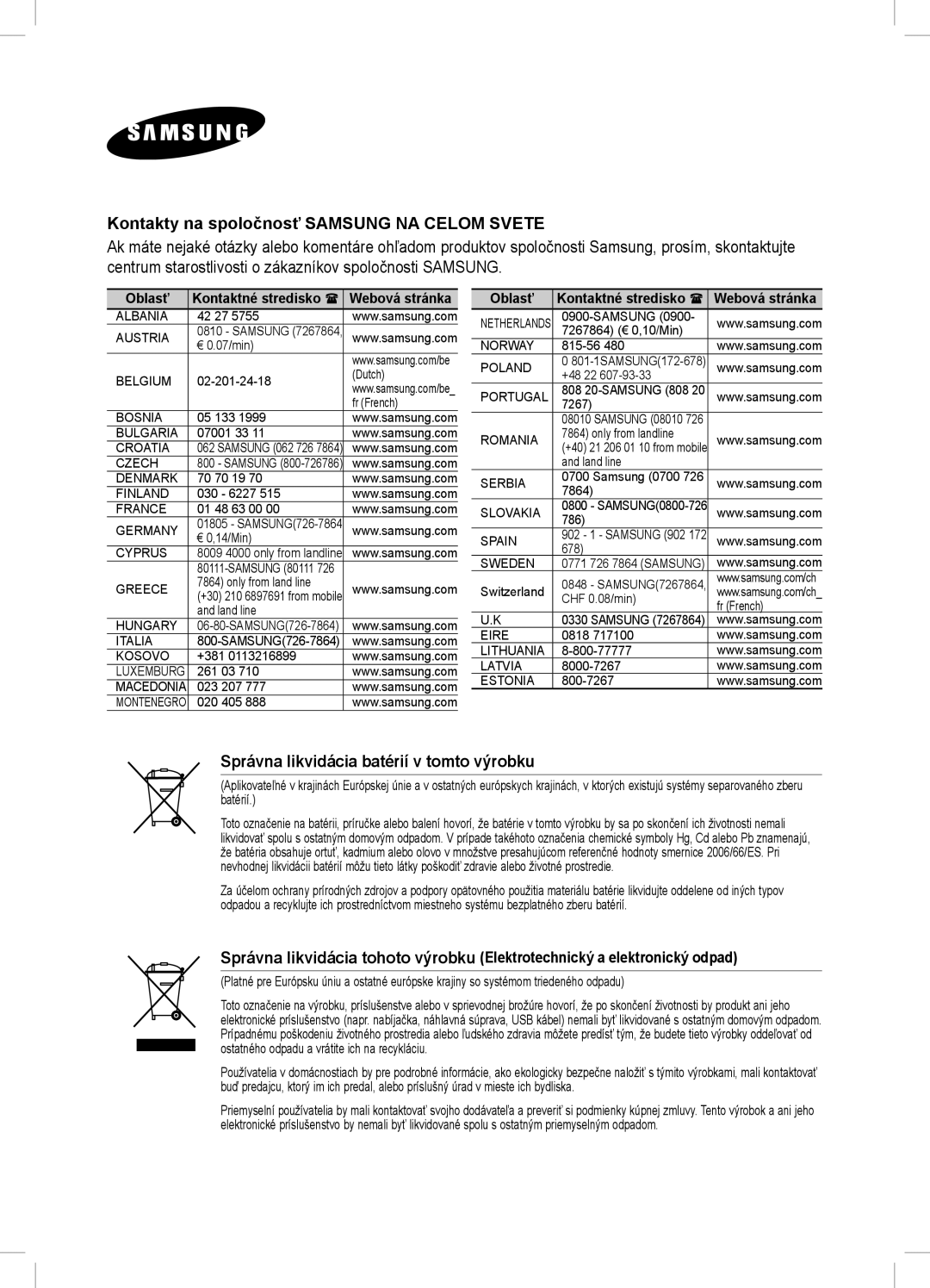 Samsung DA-E670/XE manual Kontakty na spoločnosť Samsung NA Celom Svete, Správna likvidácia batérií v tomto výrobku 