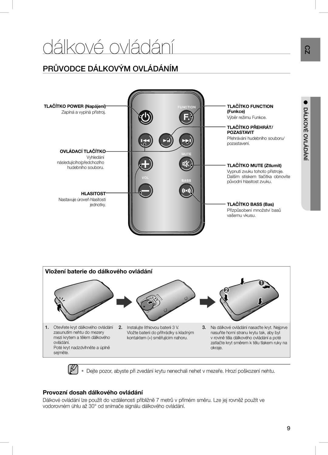 Samsung DA-E670/XE manual Dálkové ovládání, Průvodce Dálkovým Ovládáním, Vložení baterie do dálkového ovládání 