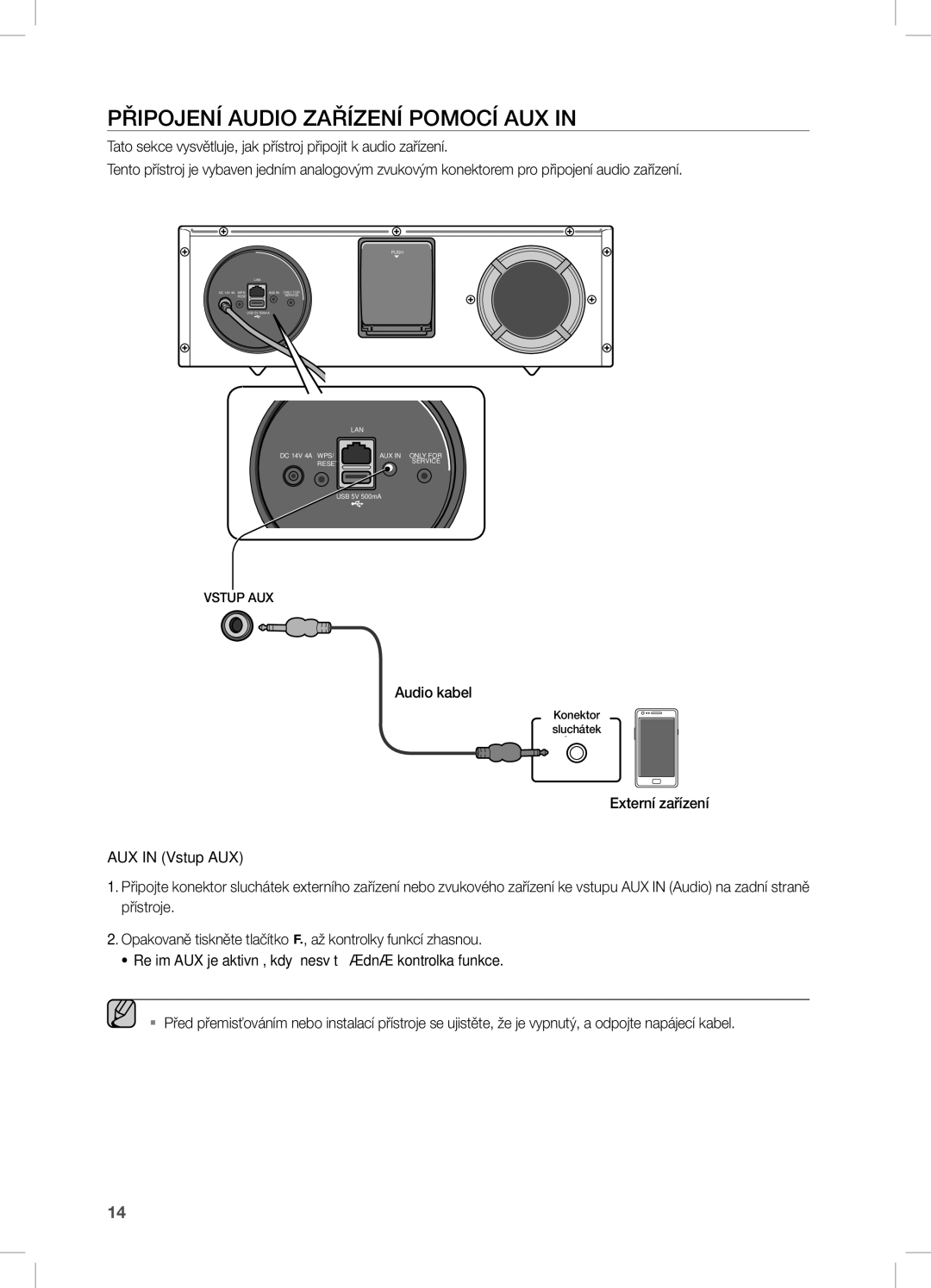 Samsung DA-E670/XE manual Připojení Audio Zařízení Pomocí AUX, Externí zařízení, AUX in Vstup AUX 