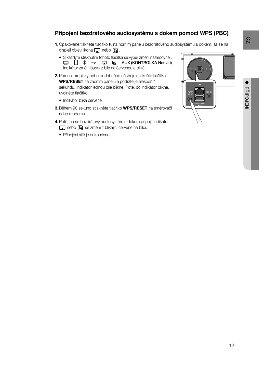 Samsung DA-E670/XE manual Připojení bezdrátového audiosystému s dokem pomocí WPS PBC, Displeji objeví ikona nebo, En pojřip 