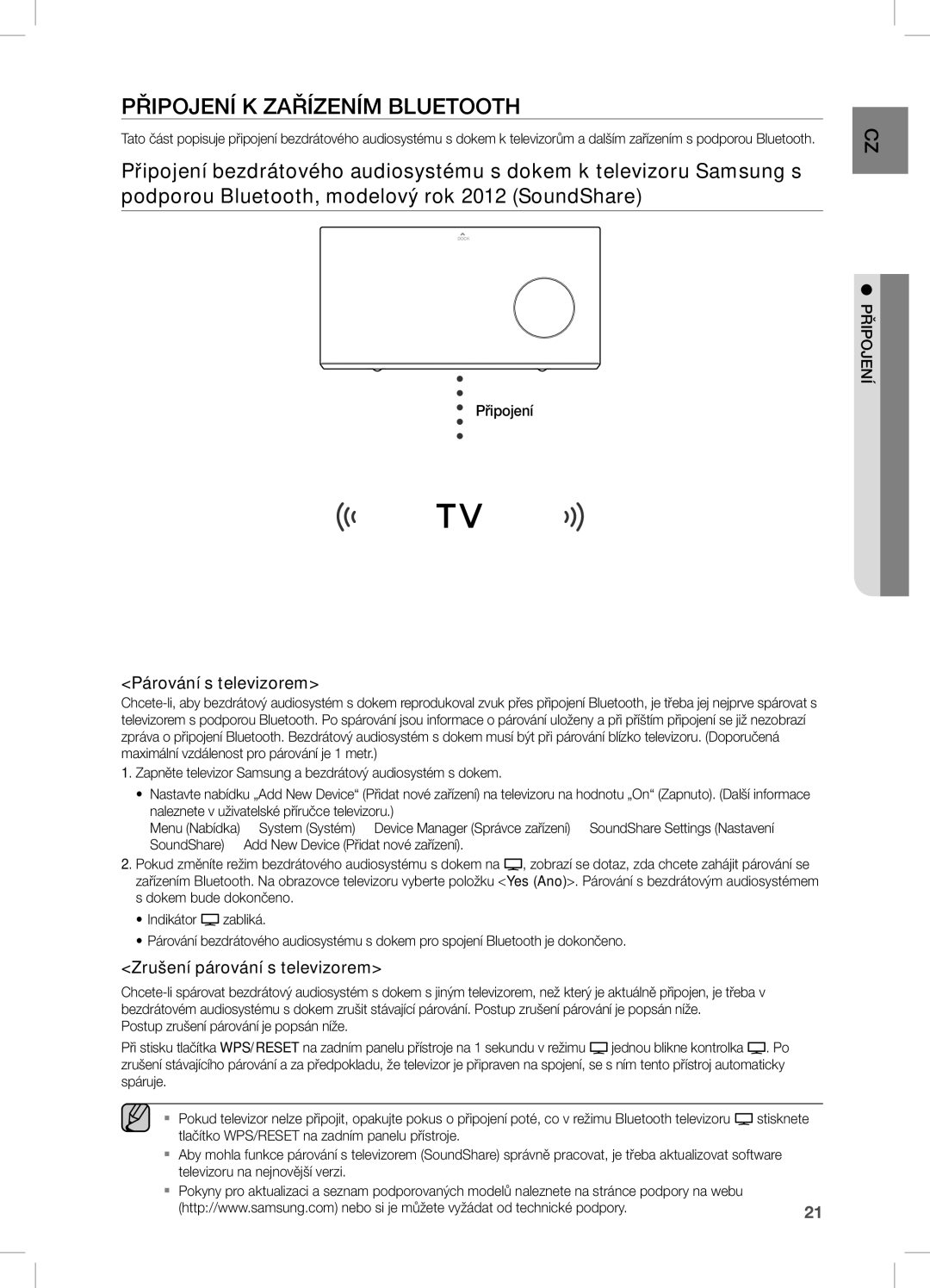 Samsung DA-E670/XE manual Připojení K Zařízením Bluetooth, Párování s televizorem, Zrušení párování s televizorem 