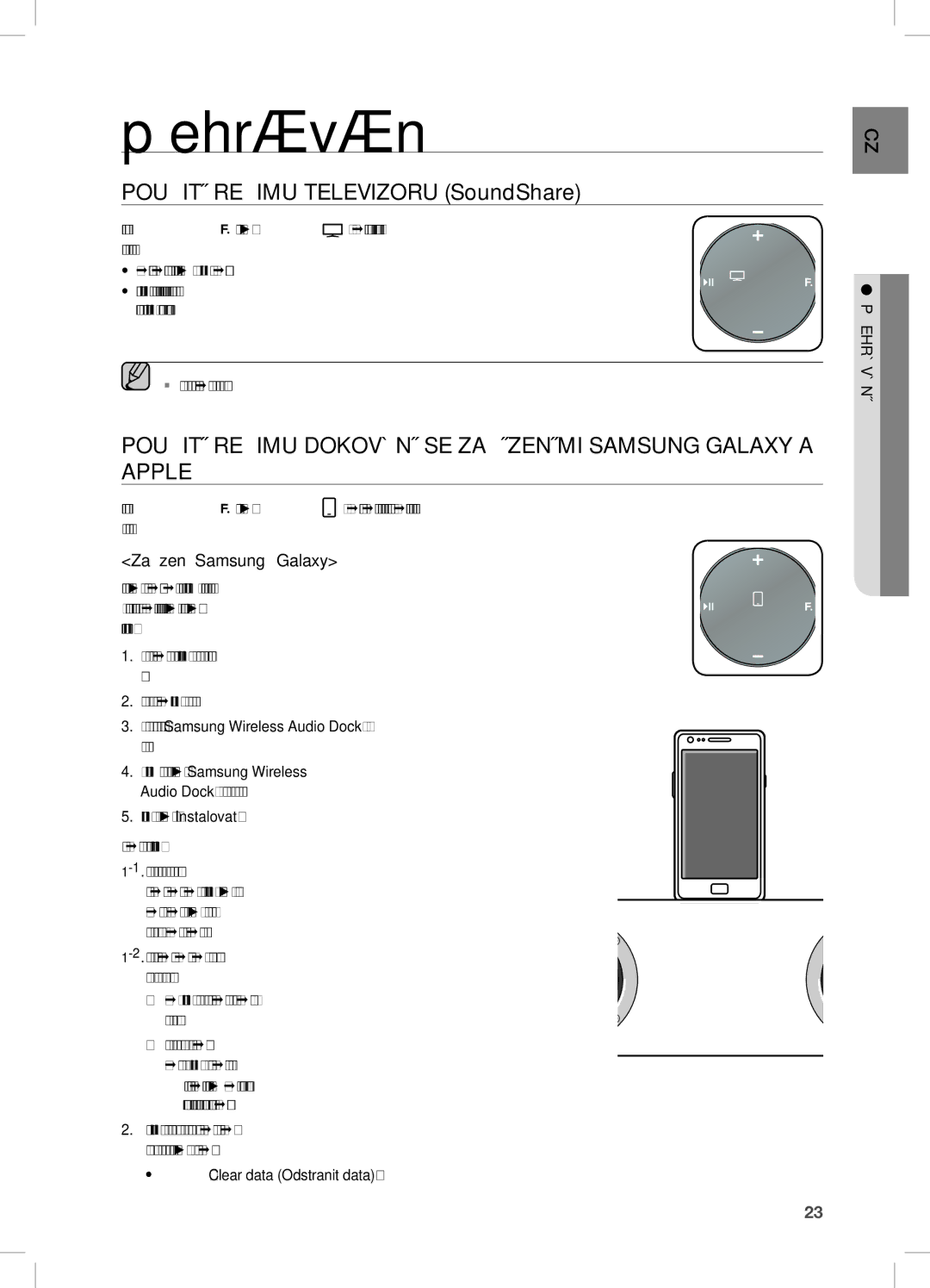 Samsung DA-E670/XE Přehrávání, Použití Režimu Televizoru SoundShare, Zařízení Samsung Galaxy, Clear data Odstranit data 