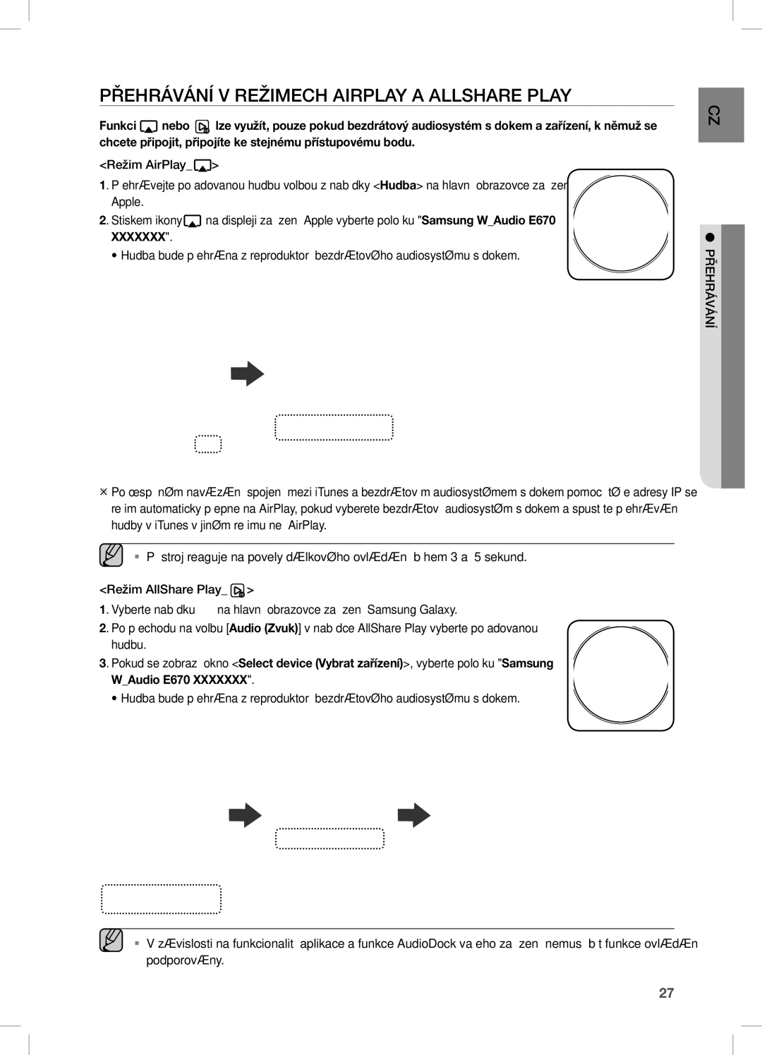 Samsung DA-E670/XE manual Přehrávání V Režimech Airplay a Allshare Play 