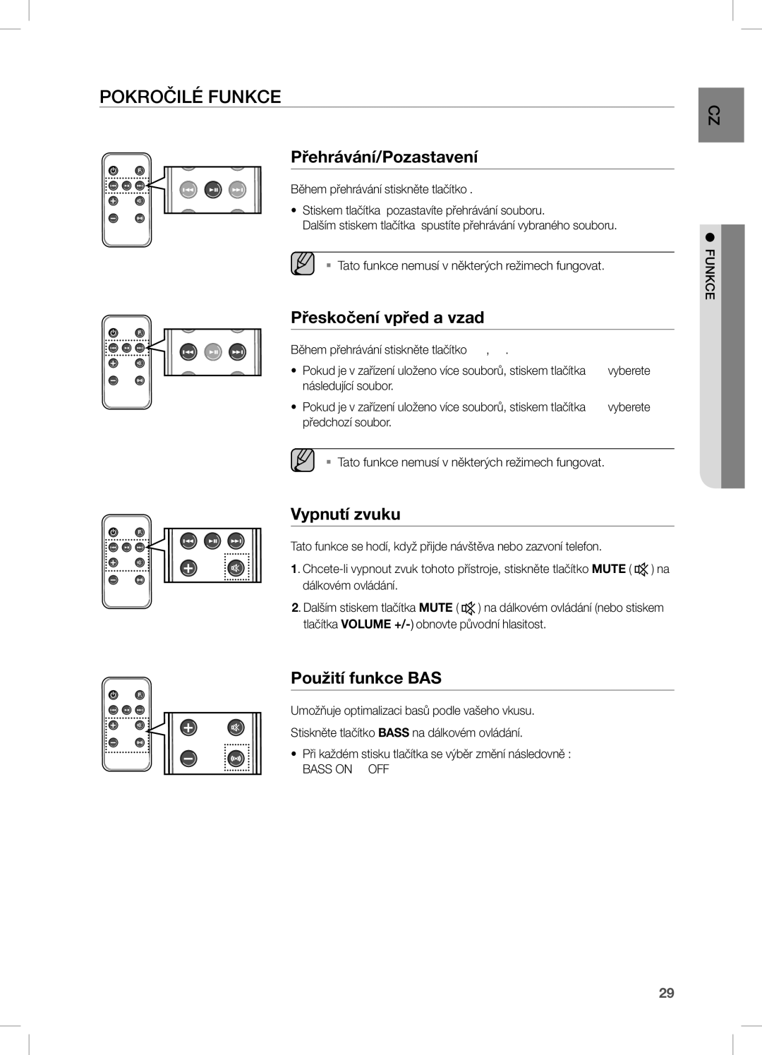 Samsung DA-E670/XE manual Pokročilé Funkce, Přeskočení vpřed a vzad, Vypnutí zvuku, Použití funkce BAS 