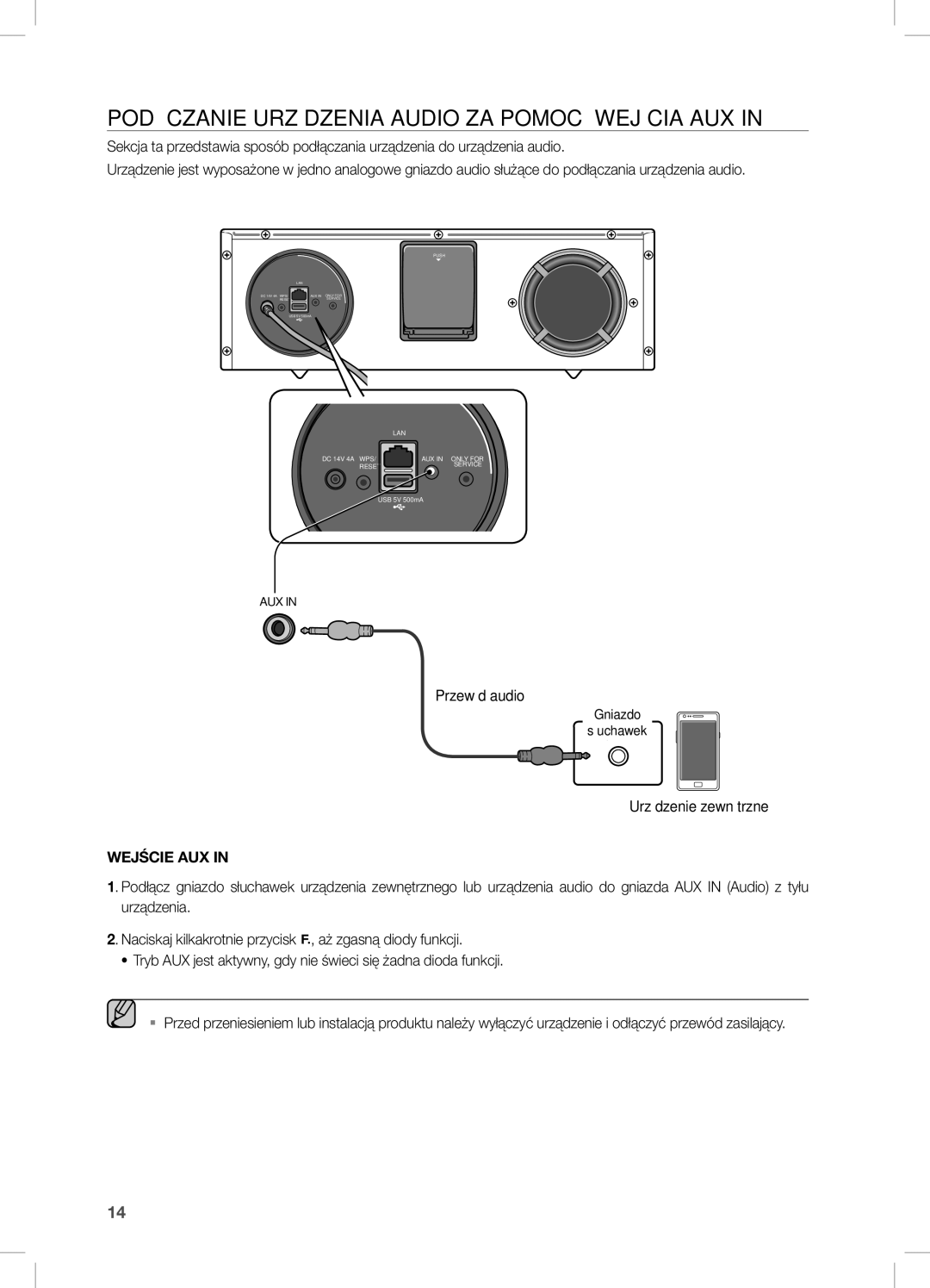 Samsung DA-E670/XE manual Podłączanie Urządzenia Audio ZA Pomocą Wejścia AUX, Urządzenie zewnętrzne 