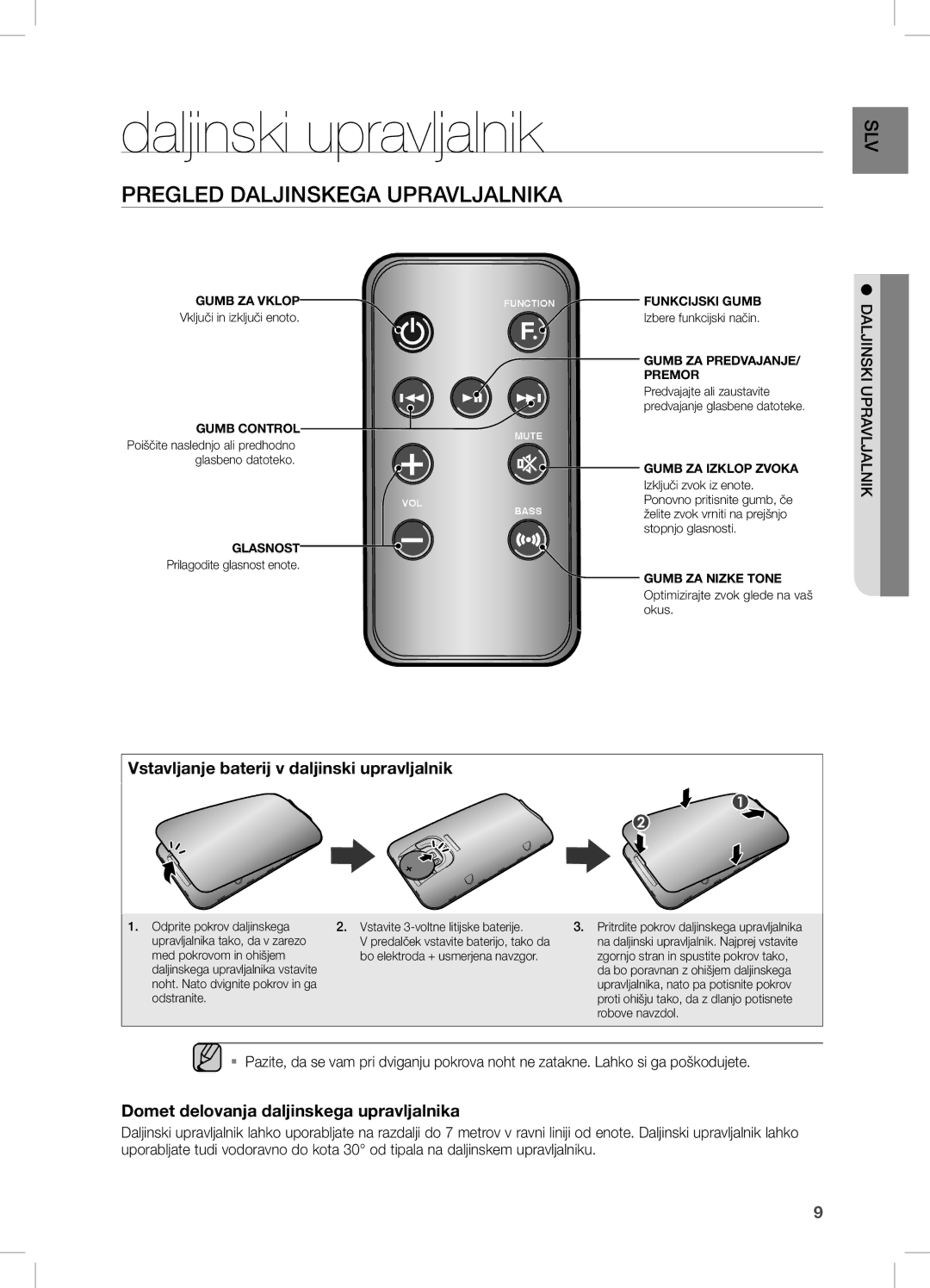 Samsung DA-E670/XE Daljinski upravljalnik, Pregled Daljinskega Upravljalnika, Vstavljanje baterij v daljinski upravljalnik 