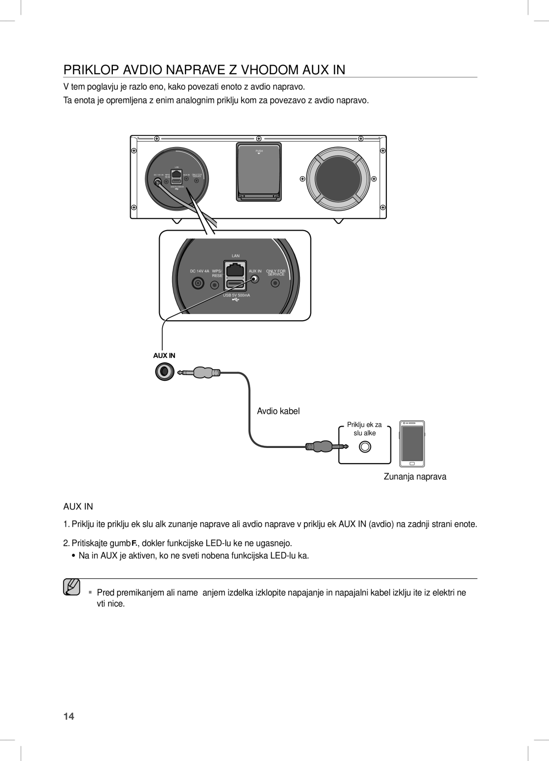 Samsung DA-E670/XE manual Priklop Avdio Naprave Z Vhodom AUX, Zunanja naprava 