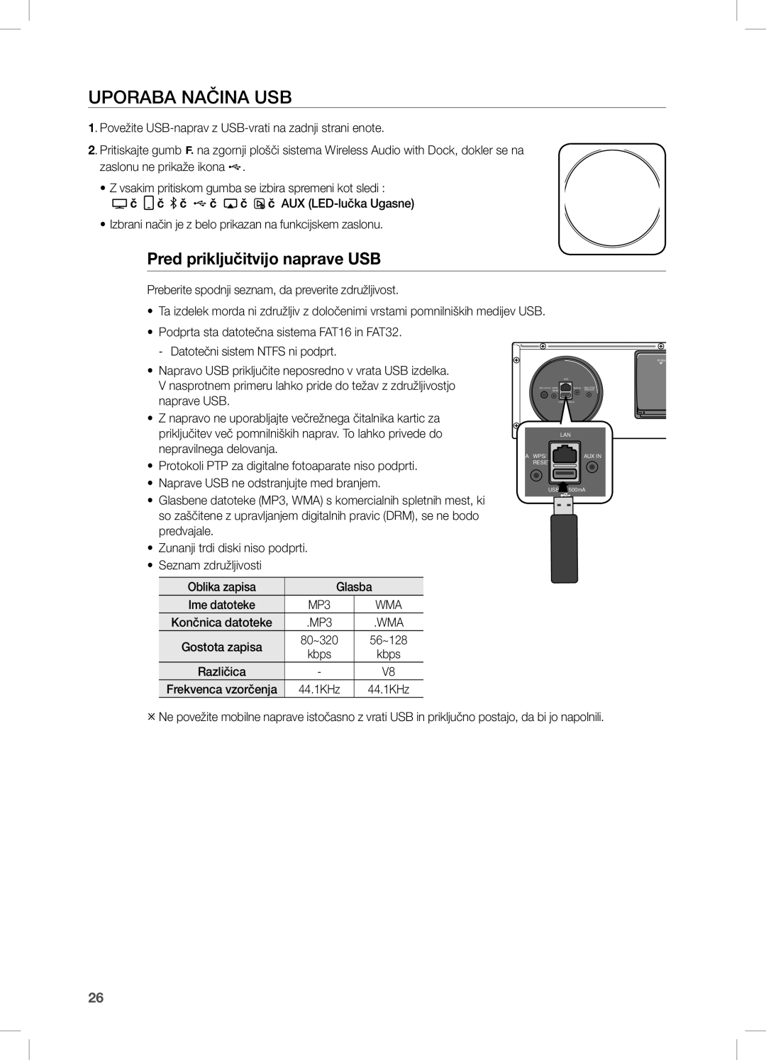 Samsung DA-E670/XE manual Uporaba Načina USB, Pred priključitvijo naprave USB 