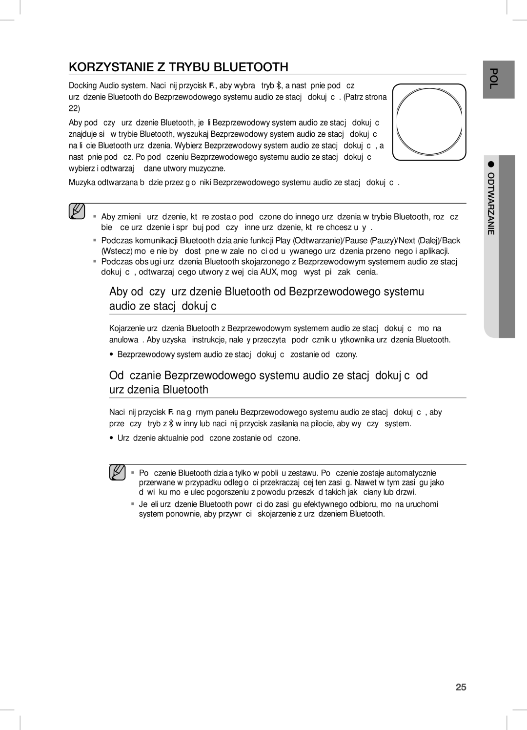 Samsung DA-E670/XE manual Korzystanie Z Trybu Bluetooth, Urządzenie aktualnie podłączone zostanie odłączone 