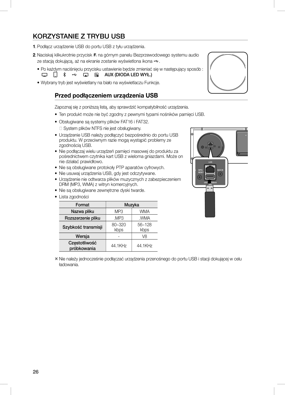 Samsung DA-E670/XE manual Korzystanie Z Trybu USB, Przed podłączeniem urządzenia USB 