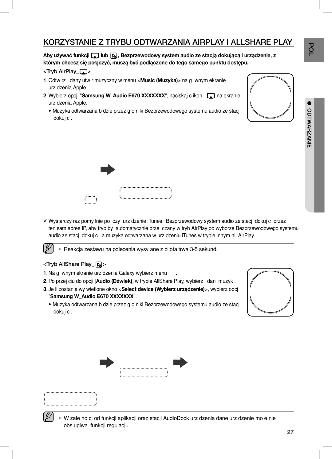 Samsung DA-E670/XE manual Korzystanie Z Trybu Odtwarzania Airplay I Allshare Play 