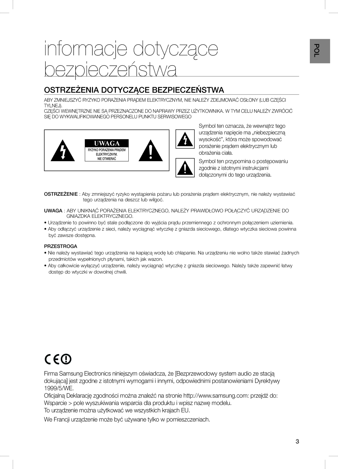 Samsung DA-E670/XE manual Informacje dotyczące bezpieczeństwa, Ostrzeżenia Dotyczące Bezpieczeństwa 