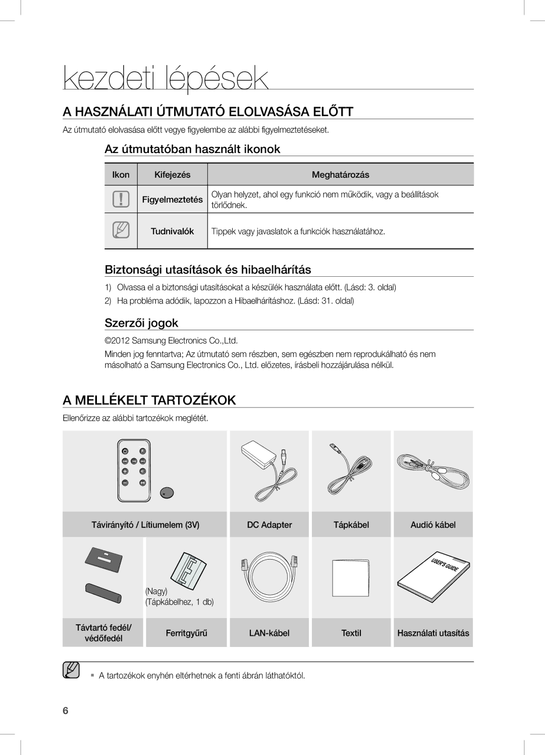 Samsung DA-E670/XE manual Kezdeti lépések, Használati útmutató elolvasása előtt, Mellékelt Tartozékok 