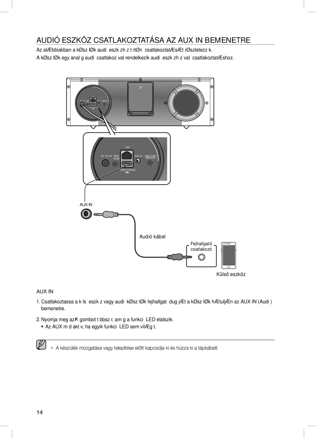 Samsung DA-E670/XE manual Audió Eszköz Csatlakoztatása AZ AUX in Bemenetre, Külső eszköz 