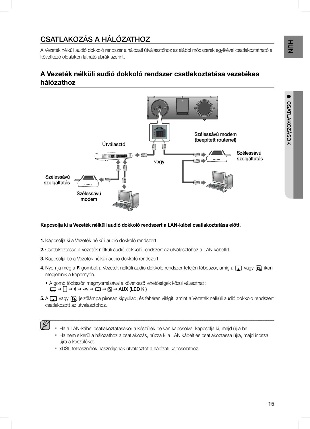 Samsung DA-E670/XE manual Csatlakozás a Hálózathoz, Satlakozások Útválasztó, Szélessávú Szolgáltatás Modem 