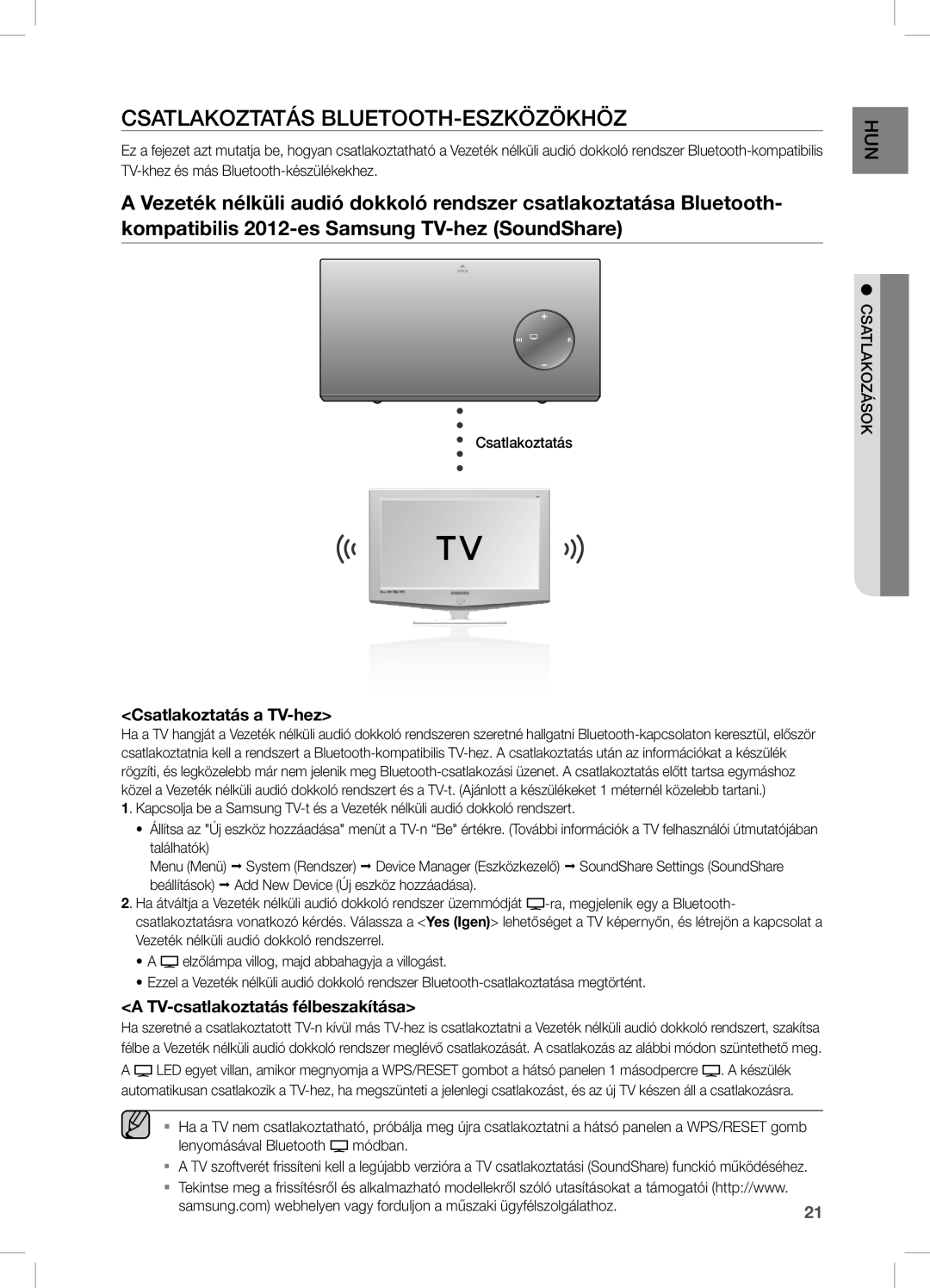 Samsung DA-E670/XE manual Csatlakoztatás BLUeTOOTH-ESZKÖZÖKHÖZ, Csatlakoztatás a TV-hez, TV-csatlakoztatás félbeszakítása 