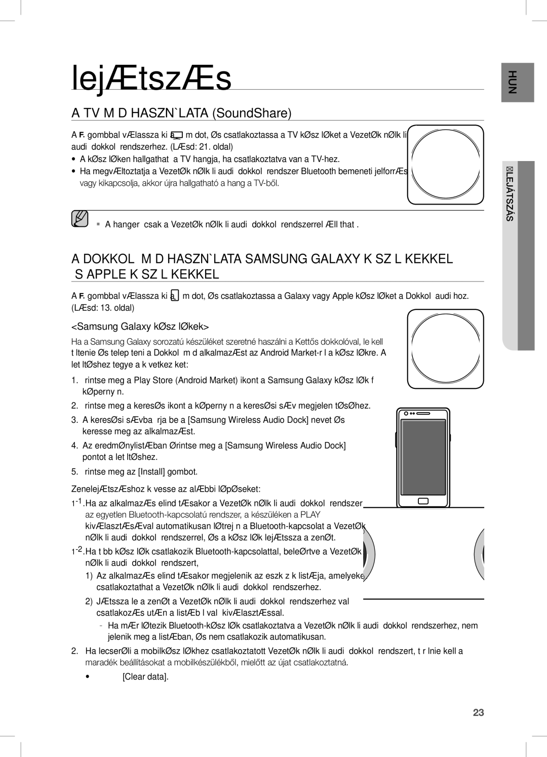 Samsung DA-E670/XE manual Lejátszás, TV MÓD Használata SoundShare, Samsung Galaxy készülékek, Clear data 