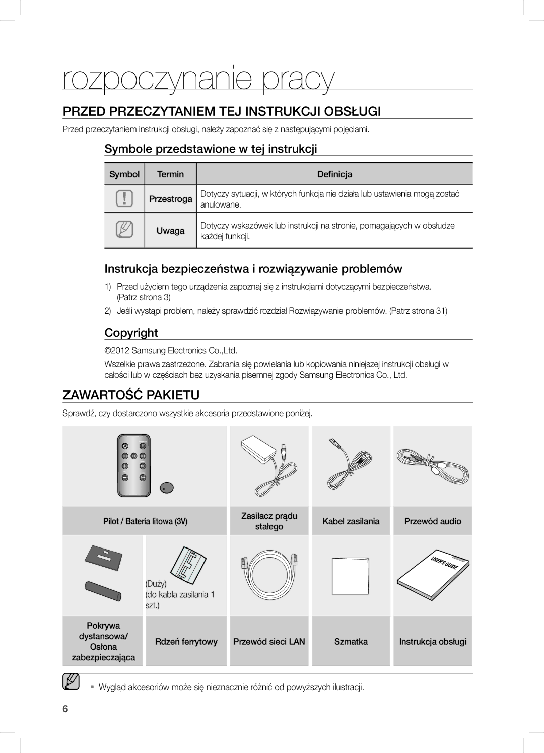 Samsung DA-E670/XE manual Rozpoczynanie pracy, Przed przeczytaniem tej instrukcji obsługi, Zawartość Pakietu 