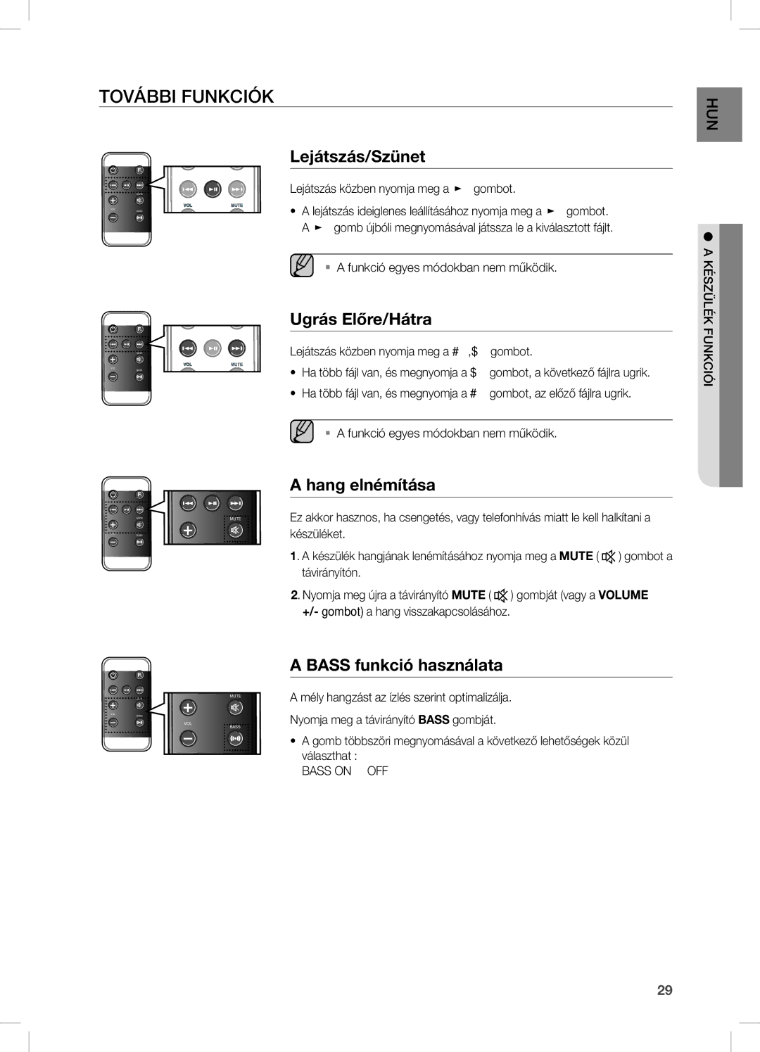 Samsung DA-E670/XE manual További Funkciók, Lejátszás/Szünet, Ugrás Előre/Hátra, Hang elnémítása 