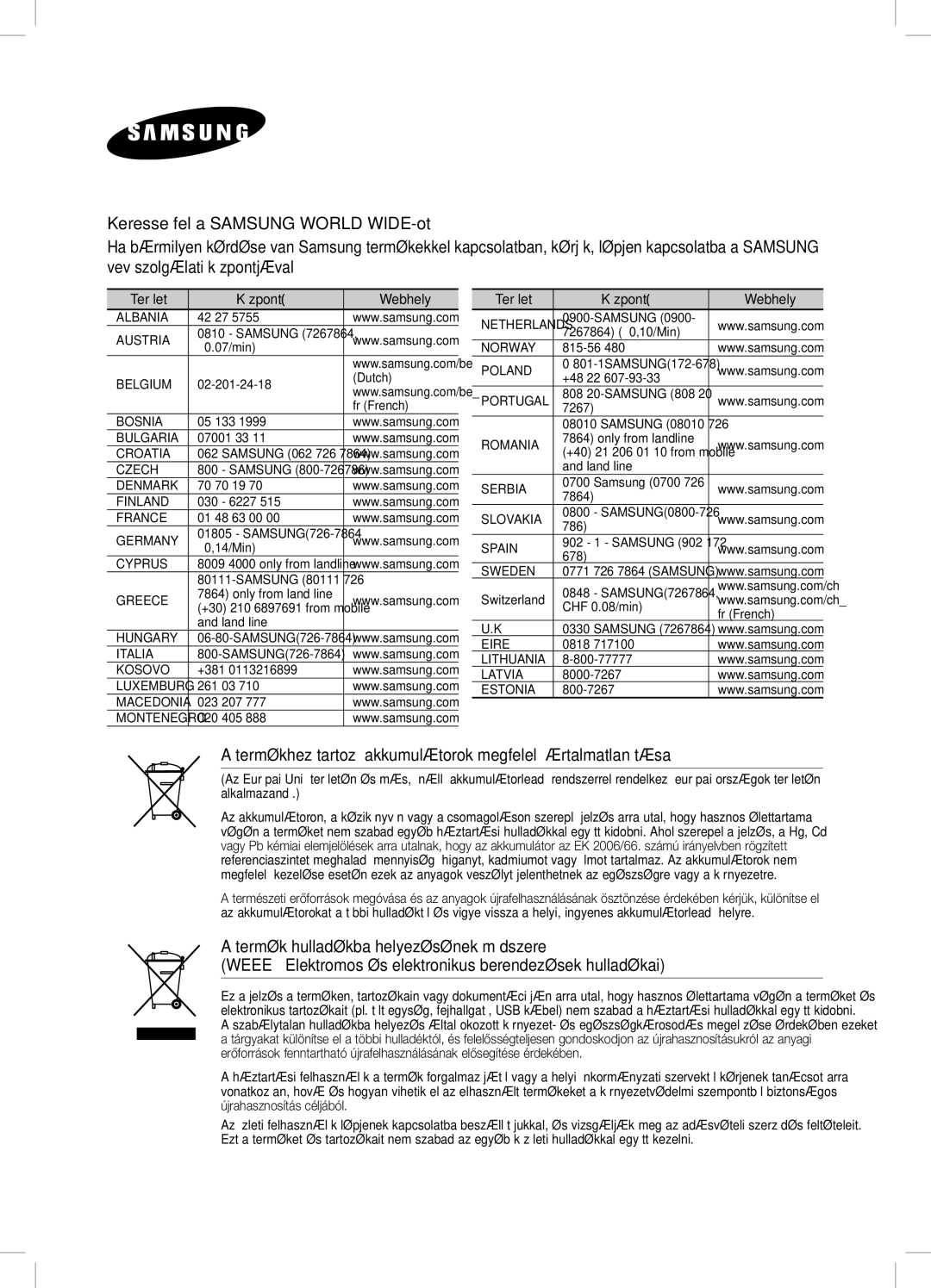 Samsung DA-E670/XE manual Termékhez tartozó akkumulátorok megfelelő ártalmatlanítása 