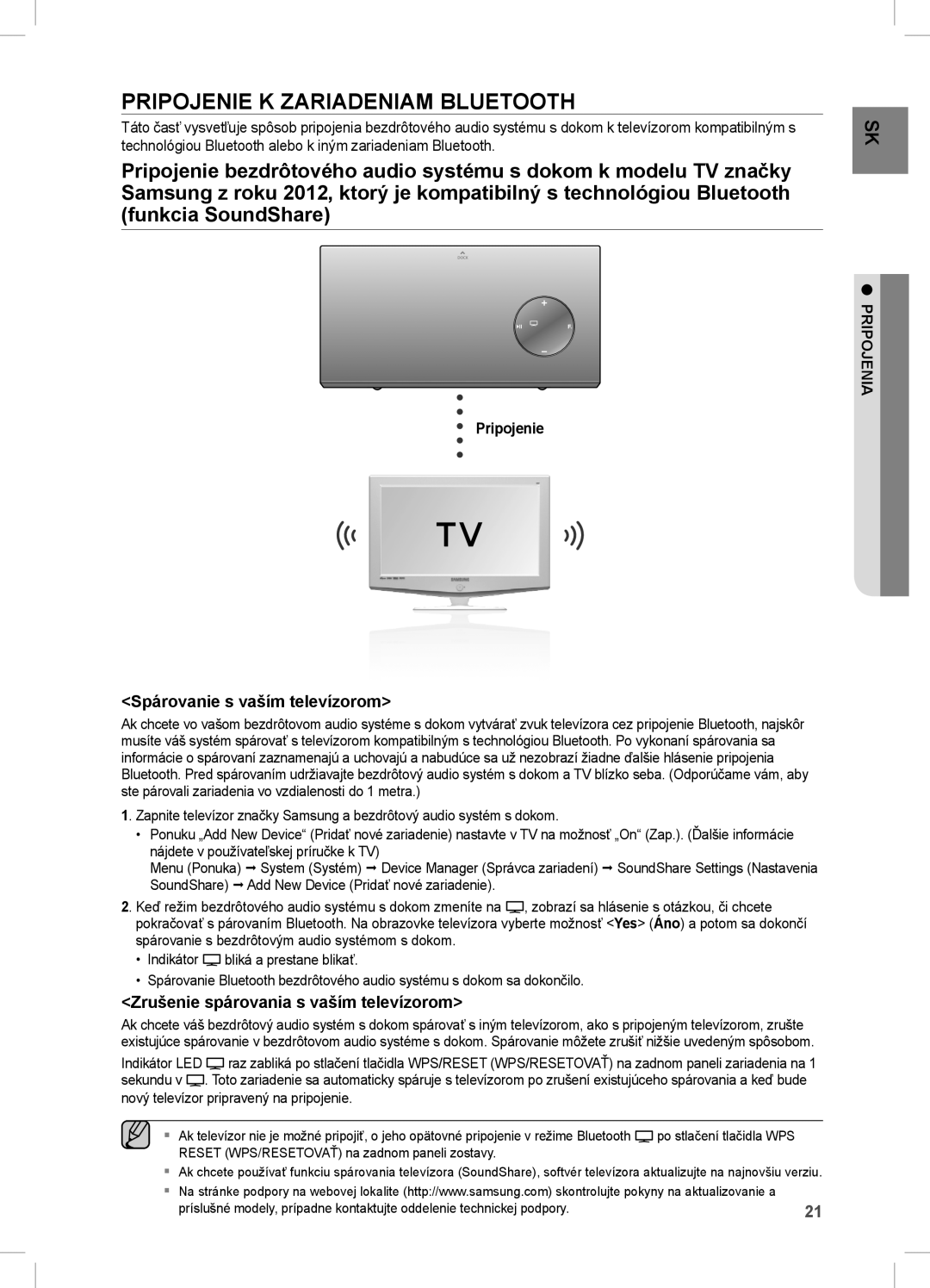 Samsung DA-E670/XE manual Pripojenie K Zariadeniam Bluetooth, Spárovanie s vaším televízorom 