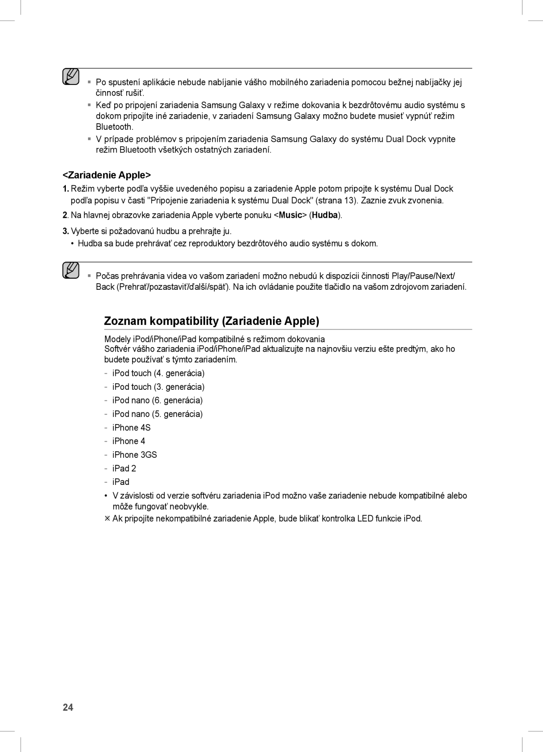 Samsung DA-E670/XE manual Zoznam kompatibility Zariadenie Apple 