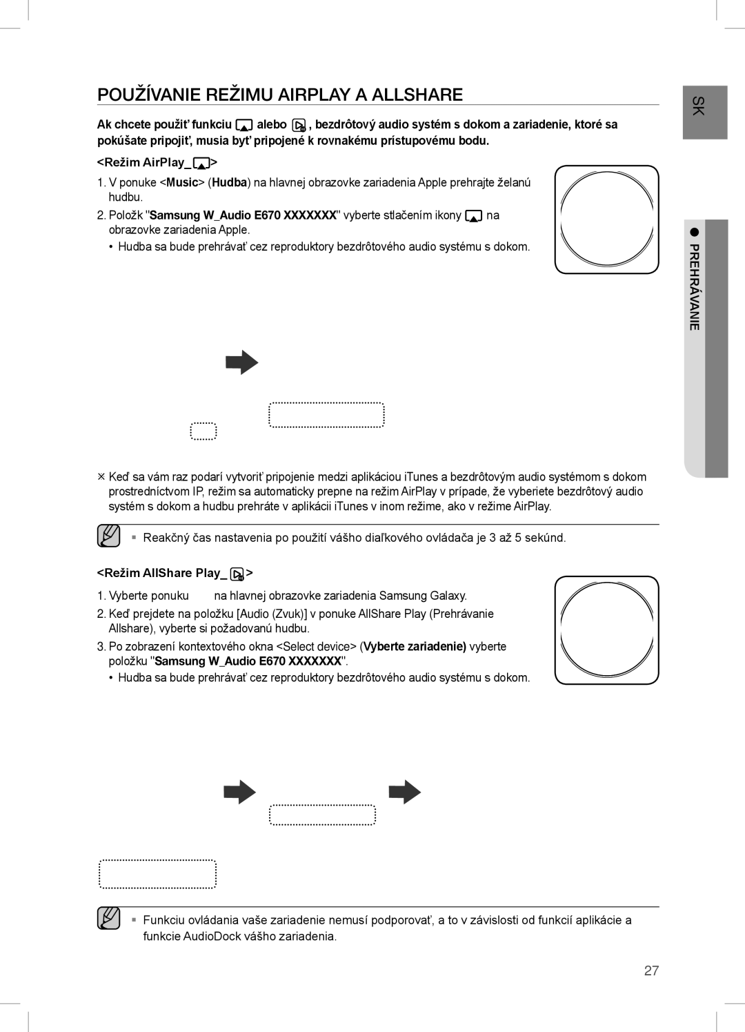 Samsung DA-E670/XE manual Používanie Režimu Airplay a Allshare, Režim AllShare Play 