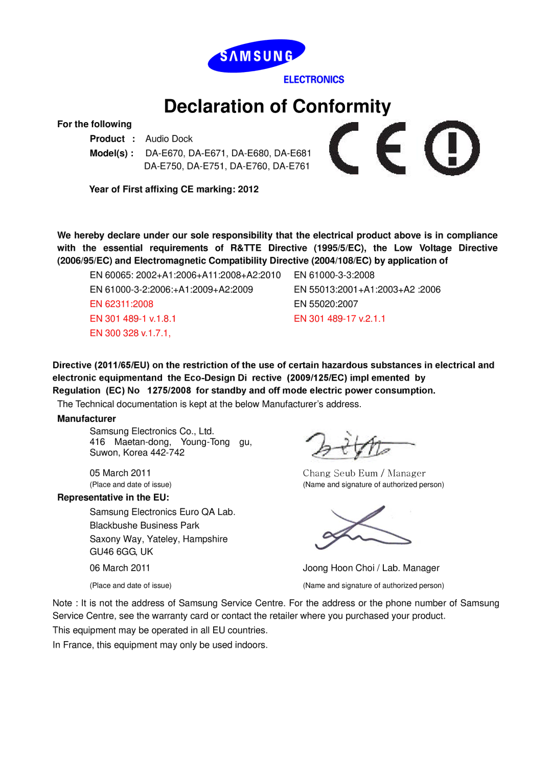 Samsung DA-E751/EN, DA-E750/EN manual Declaration of Conformity, For the following Product Audio Dock, Manufacturer 