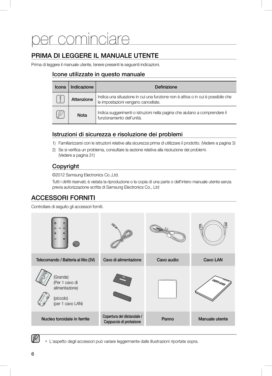 Samsung DA-E750/EN, DA-E751/EN, DA-E750/XN, DA-E750/ZF Per cominciare, PRiMa Di LeGGeRe iL ManUaLe UTenTe, AcceSSORi FORniTi 