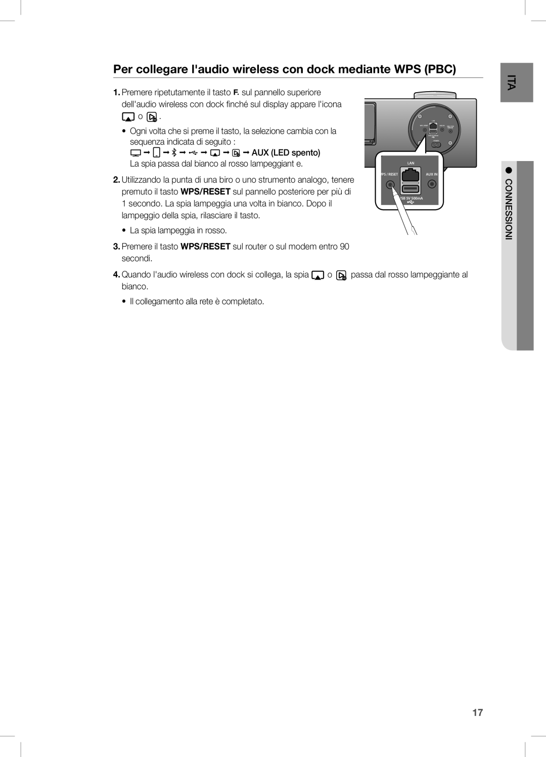 Samsung DA-E750/XE, DA-E750/EN, DA-E751/EN, DA-E750/XN, DA-E750/ZF Per collegare laudio wireless con dock mediante WPS PBC 