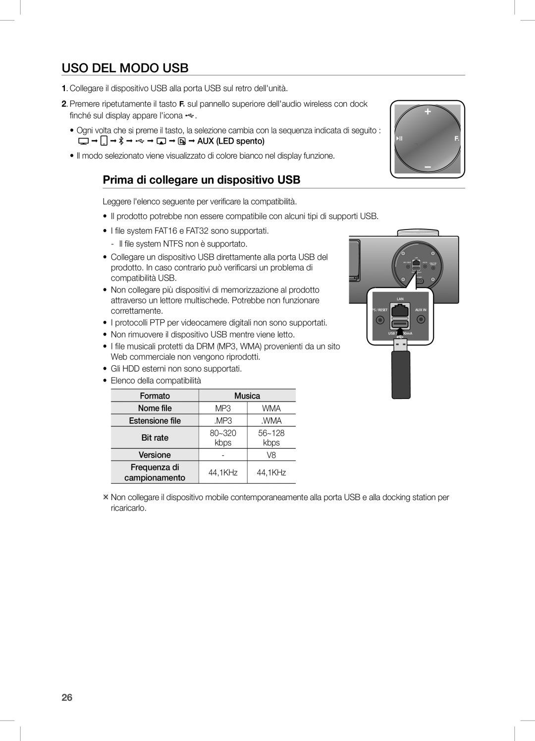 Samsung DA-E750/XN, DA-E750/EN, DA-E751/EN, DA-E750/ZF, DA-E751/XE USO DeL Modo USB, Prima di collegare un dispositivo USB 