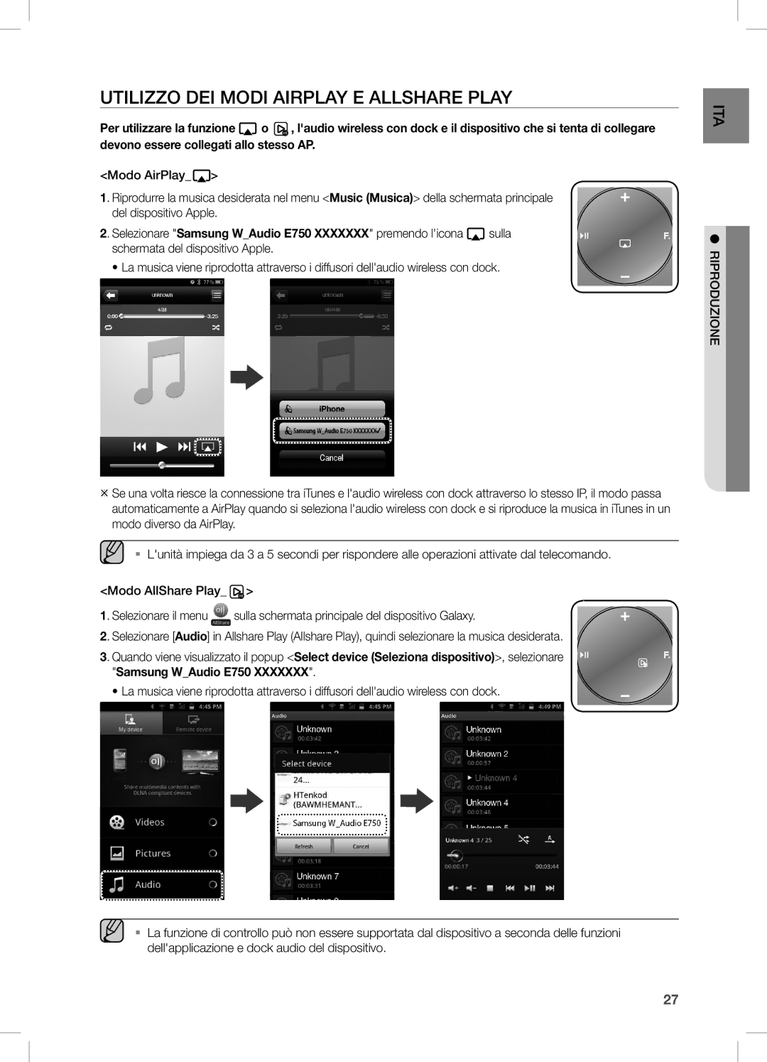 Samsung DA-E750/ZF, DA-E750/EN, DA-E751/EN, DA-E750/XN, DA-E751/XE, DA-E750/XE manual UTiLizzO Dei MODi aiRPLaY e aLLSHaRe PLaY 