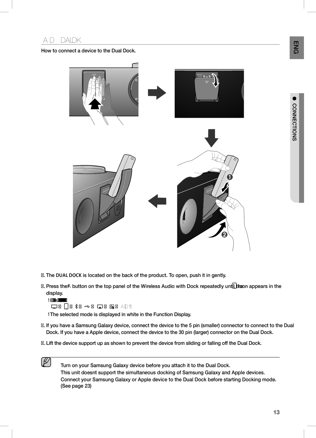 Samsung DA-E751/EN, DA-E750/EN, DA-E750/XN, DA-E750/ZF, DA-E751/XE, DA-E750/XE manual COnnecting a DeVice tO tHe DUaL DOcK 