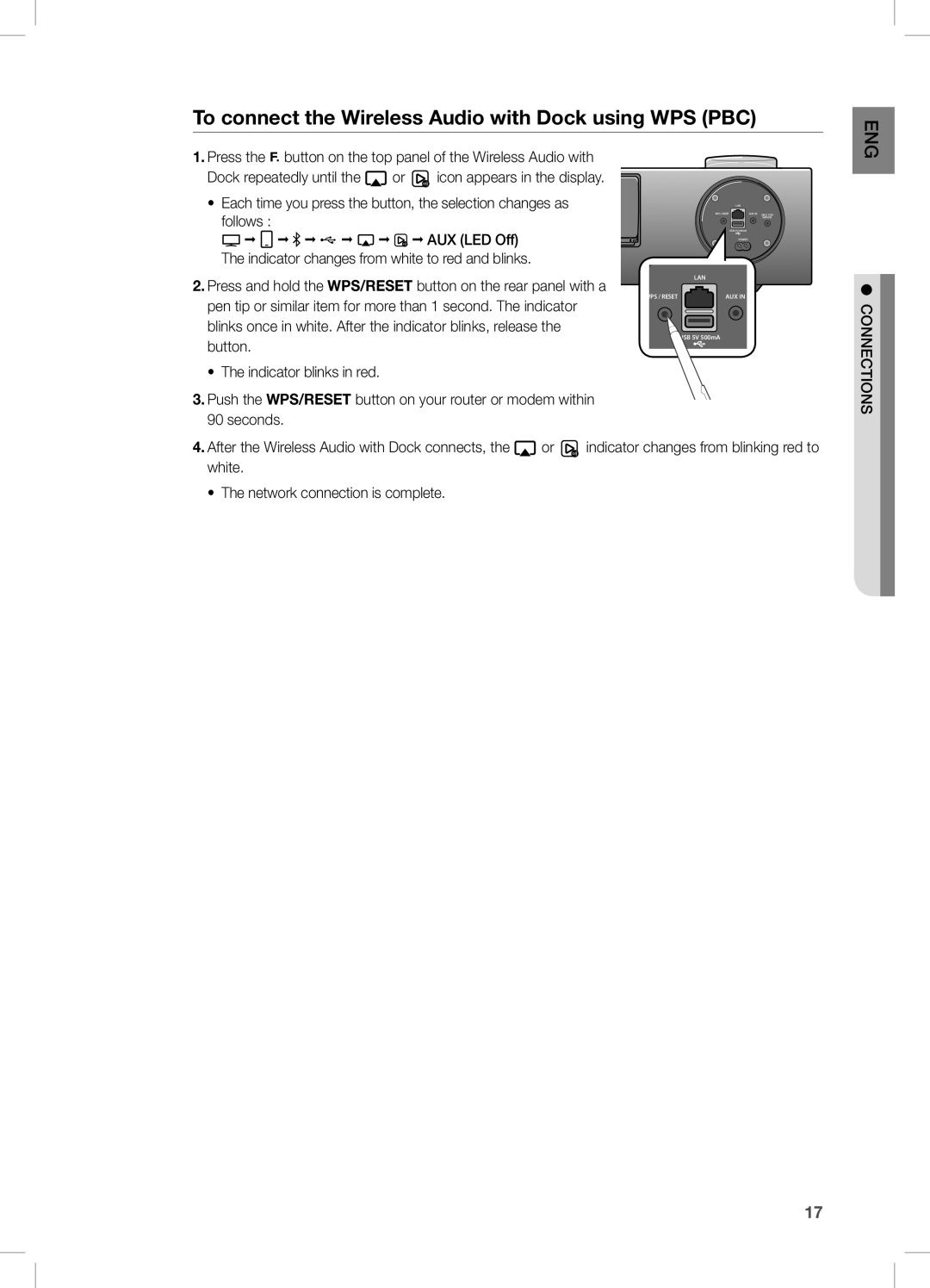 Samsung DA-E750/XE, DA-E750/EN, DA-E751/EN, DA-E750/XN, DA-E750/ZF manual To connect the Wireless Audio with Dock using WPS PBc 